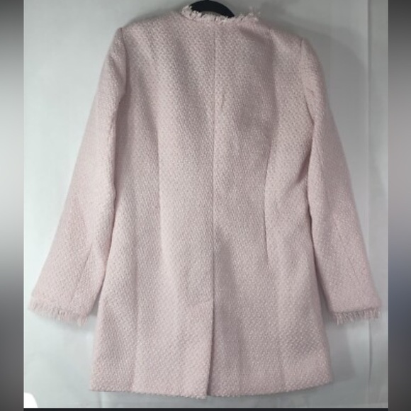 Pink Frayed Edge Fringe Women's Tweed Long Boucle Blazer barbie - Picture 4 of 11